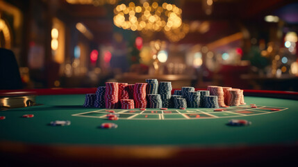 pair of aces and stack of chips on casino, Poker chips on a poker table at the casino - obrazy, fototapety, plakaty