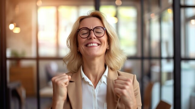 Happy Mature Business Woman Working At The Office Screaming Proud, Celebrating Victory And Success Very Excited With Raised Arms