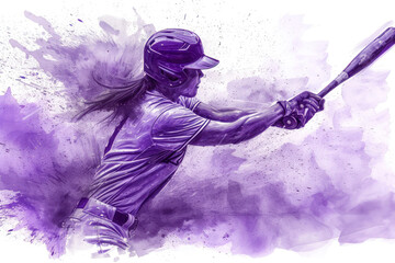 Baseball player in action, woman purple watercolor with copy space