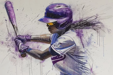 Fotobehang Baseball player in action, woman purple watercolor with copy space © Aris