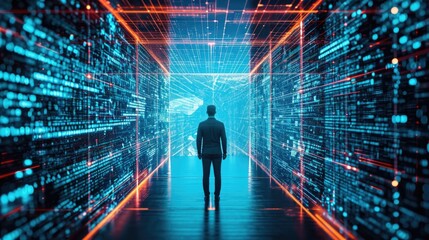 Silhouette of  programmer against a big data background with digital patterns . Concept of a big technological breakthrough 