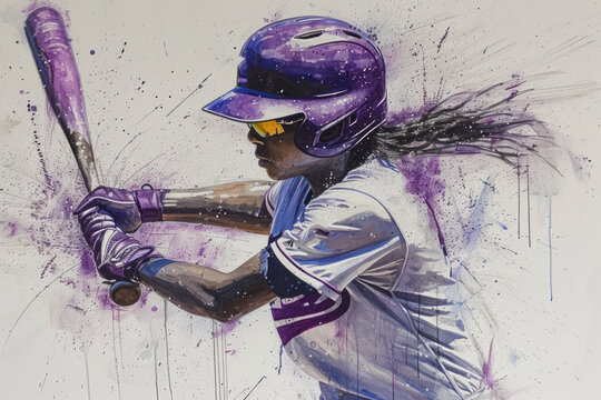 Baseball player in action, woman purple watercolor with copy space