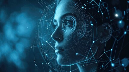 Beautiful woman and eye with digital biometric scanning and data analysis. Face detection and scanner. Concept of face id and artificial intelligence