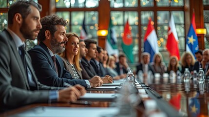 A high-level business meeting with executives from various countries, seated around a large conference  - obrazy, fototapety, plakaty