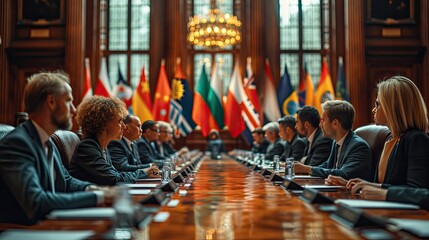 A high-level business meeting with executives from various countries, seated around a large conference  - obrazy, fototapety, plakaty
