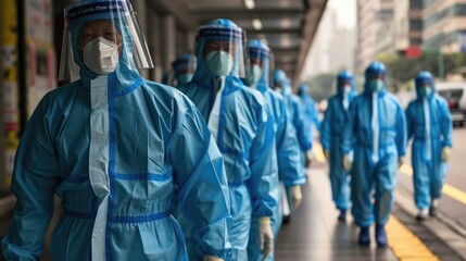People in hazmat suits, masks and goggles walking down the street. Medics warn people in time of quarantine and outbreak of a new epidemic in the world. Scientists in search of an antivirus of disease