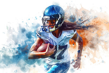 American football player in action, woman blue watercolour with copy space