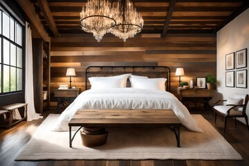 A bedroom with a reclaimed wood accent wall, a wrought iron bed frame draped in white linen, and soft lighting from a vintage chandelier, evoking a serene and rustic ambiance.