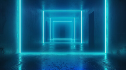 3d rendering, abstract minimalist geometric background. Bright daylight, blue neon light. Doorway portal glowing in the dark