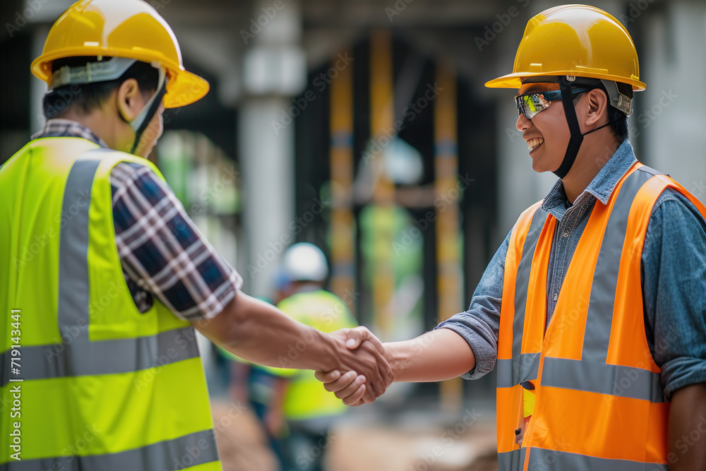 Poster architect and engineer construction workers shaking hands while working for teamwork and cooperation