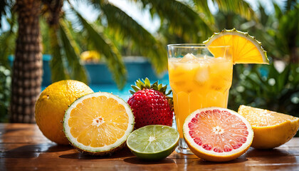 Sparkling Orange Juice with Ice and Slices on a Wooden Tabletop