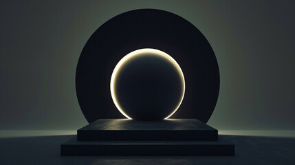 3d render, abstract minimalist black geometric background. Bright light. Round shape glowing in the dark 