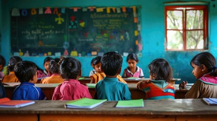 Indian school children in classroom. - obrazy, fototapety, plakaty