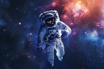 An astronaut floating in space with a backdrop of a vibrant galaxy, highlighting the exploration of the cosmos