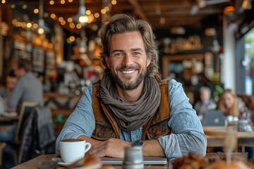 Fototapeta premium Smiling businessman with coffee cup and laptop
