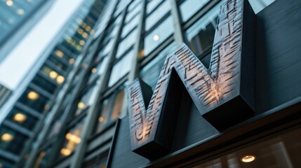Fototapeta premium Big metal capital letter W on a huge office business building in the center of town . The first letter of the name, an abbreviation 