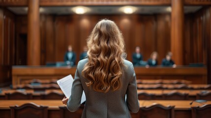 A photo of a female lawyer from behind, holding legal papers, addressing a focused jury in a formal courtroom