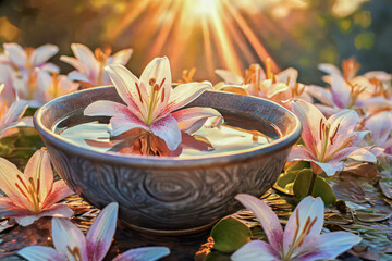 An image of enchanting purple lilies in a jug bathed in the warm shades of a backlit sunset - obrazy, fototapety, plakaty