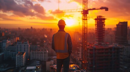 The worker on the construction site is looking sunset in the city - obrazy, fototapety, plakaty
