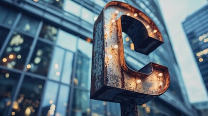 A metal capital letter C on a huge building in the center of town . The first letter of the name, an abbreviation  - obrazy, fototapety, plakaty