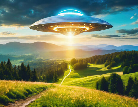 Alien flying vehicles explore the Earth's environment during their interplanetary journey. An unknown vehicle shines a light on a green meadow