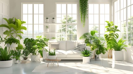 modern living room with plant, a room with a lot of plants in it and a window in the wall above