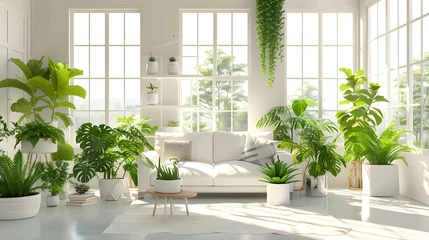 Fotobehang modern living room with plant, a room with a lot of plants in it and a window in the wall above © @ArtUmbre