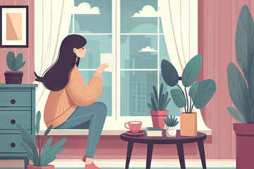 The flat illustration shows a petite girl in a soft beige sweater, sitting near the window and looking at the city at dayt. Her eyes are warm and she is thinking about a bright future.