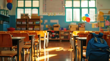 Bright modern kids preschool classroom with empty chairs and desks 