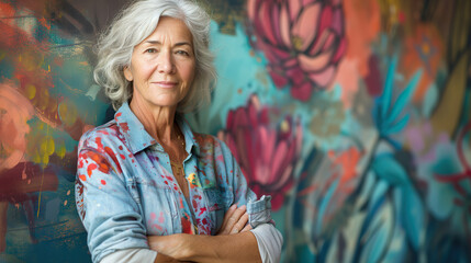 Fototapeta premium Serene mature woman in a paint-splattered denim shirt, poised in front of a floral graffiti