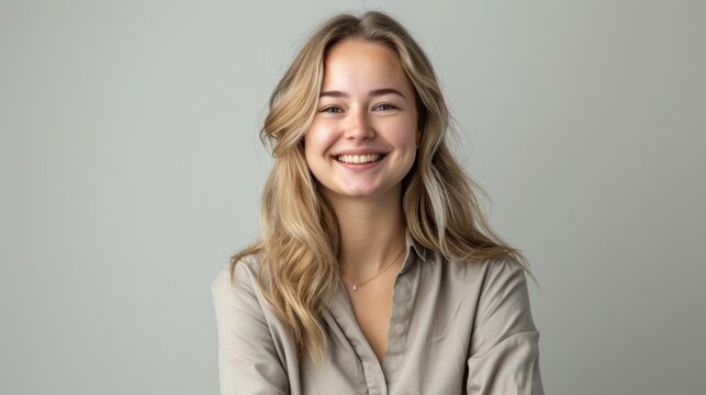 Close Up Portrait Of Smiling Blonde Woman On White Background