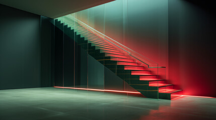 stairs leading to a large window inside an office building, in the style of dark red