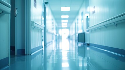 Obraz premium A modern clinic corridor in a stock photo, with the background purposefully blurred. Sleek