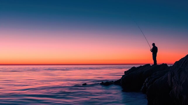 A silhouette of a man fishing on the coast, with the sea stretching out before him during sunset.