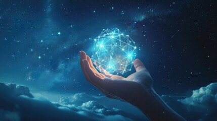 Man hand holding the earth on blue digital new technology background .