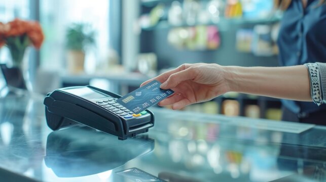 Woman hand with shopping cart. Client making electronic payment with terminal.