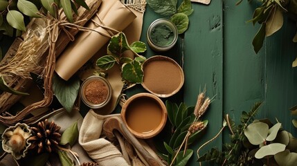 Flat lay of creative architect moodboard green and brown colors composition with samples of building, textile and natural materials and personal accessories. Top view, green background, template. - obrazy, fototapety, plakaty