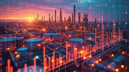 Fototapeta premium Monitors displaying graphs and analytics in an industrial control room with plant background at sunset.