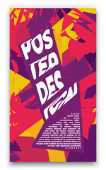 a close up of a poster with a purple background and a yellow and red background