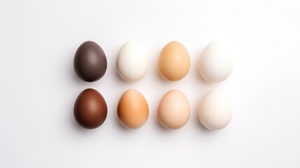 Set of different colors and tones eggs . Collage  of various fresh eggs on white wooden table, top view