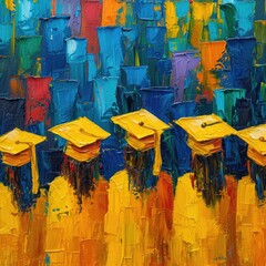 An artistic interpretation of graduates in yellow tassel hats, abstract colorful background, impressionistic 