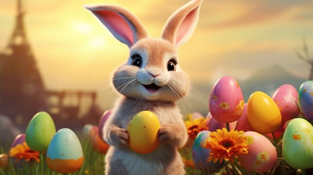 Happy easter bunny with easter eggs