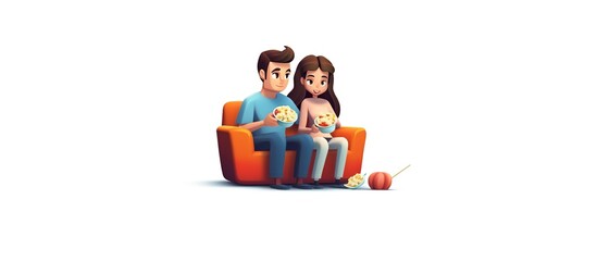 Cute Couple Sushi Eating Popcorn Cartoon Vector Icon Illustration