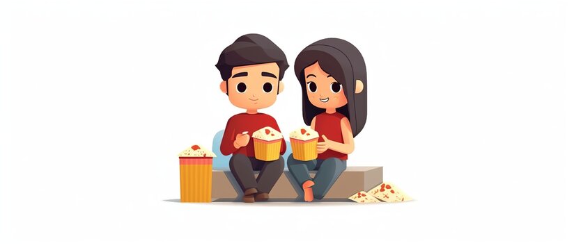 Cute Couple Sushi Eating Popcorn Cartoon Vector Icon Illustration