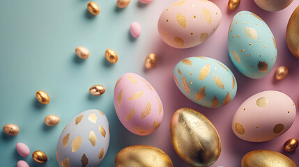 Easter festival social media background design with copy-space for text. Pastel pink, blue and gold easter eggs on blended blue and pink background. - obrazy, fototapety, plakaty