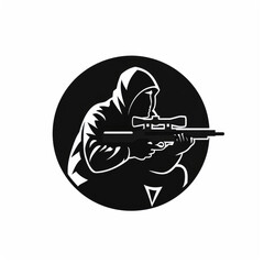 Minimalistic hooded silhouette of a soldier holding a sniper rifle isolated on clear white