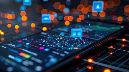 A smartphone displays a complex network, representing advanced digital security and connectivity technology.