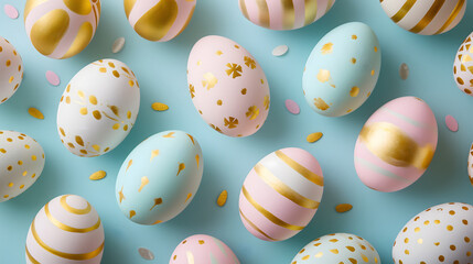 Fototapeta na wymiar Easter festival social media background design. Pastel pink and blue easter eggs with modern gold pattern on blue background.