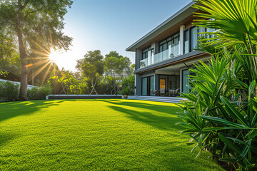 A beautiful lush green lawn in the morning with a modern house in the background.