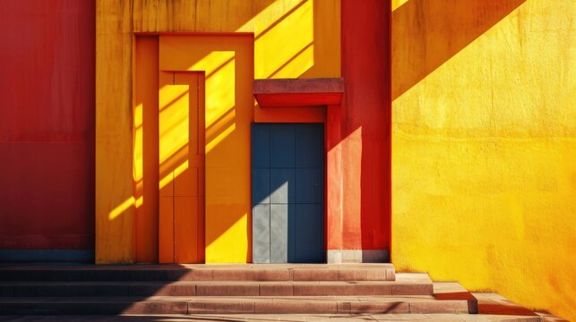 Ondustrial sidewalk of a modern building facade . Red and yellow door